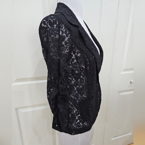 Rue 21 Black Sheer Lace Ruched Sleeve Single Button Blazer Jacket S - Picture 3 of 6